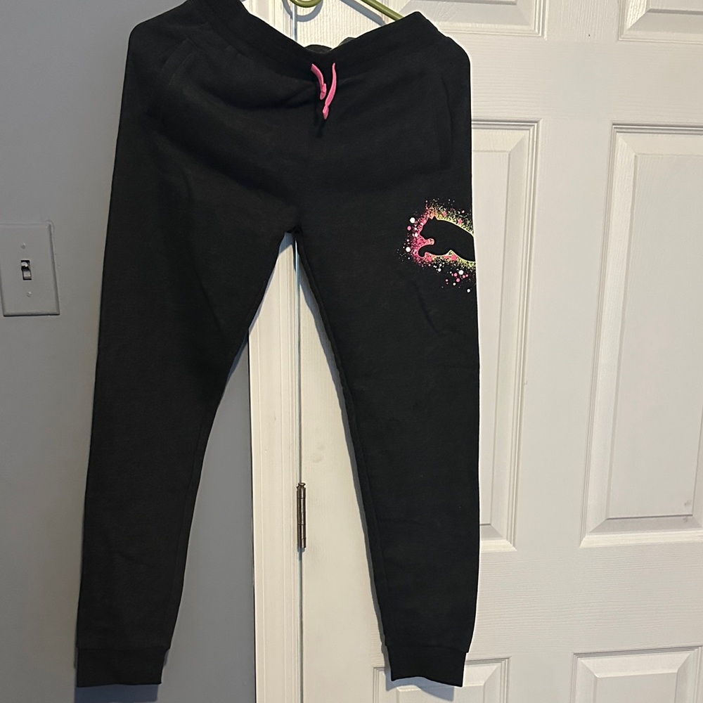 Puma Kids Black Joggers with Pink Accents size L 14/16